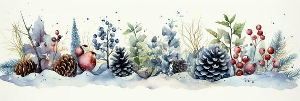 charmant aquarelle couronnes de fleurs englobant hiver vacances scènes parmi doux chute de neige photo
