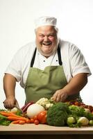 souriant en surpoids directeur couper des légumes isolé sur une blanc Contexte photo