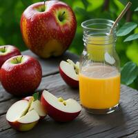 Pomme jus et Frais pommes sur en bois Contexte. sélectif se concentrer. ai généré photo