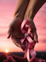 une femme main en portant une rose ruban avec une Contexte de rose ciel photo