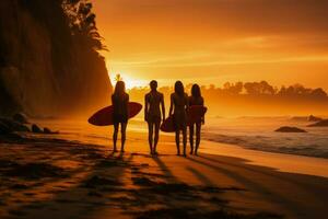surfeurs et fille silhouettes contre le coucher du soleil teintes à populaire le surf et yoga place photo