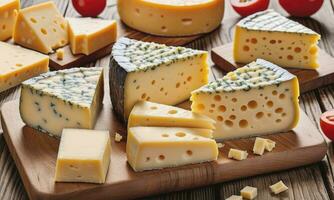 blocs de français et pièces emmental fromage sur en bois table photo