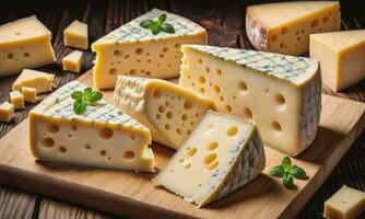 blocs de français et pièces emmental fromage sur en bois table photo