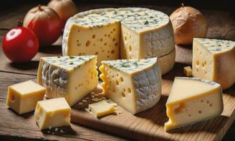 blocs de français et pièces emmental fromage sur en bois table photo