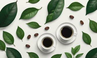 tasse de noir café vert feuilles et des haricots sur blanc Contexte photo
