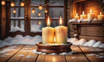 brûlant bougie Noël décoration sur en bois Contexte photo