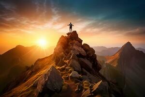 homme permanent sur Haut de une falaise à le coucher du soleil avec lumière du soleil en train de regarder le magnifique Montagne. réussite Succès concept. ai généré photo