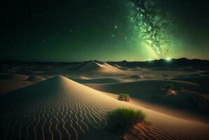 étoilé nuit dans le désert avec dunes, foncé nuit ciel avec étoiles. laiteux façon plus de le désert. scénique vue de désert contre ciel à nuit. ai généré photo