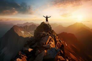 homme permanent sur Haut de une falaise à le coucher du soleil avec lumière du soleil en train de regarder le magnifique Montagne. réussite Succès concept. ai généré photo