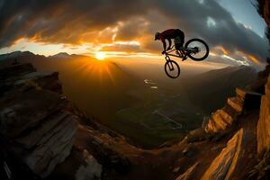 silhouette de moto cavalier Faire cascade sur rocheux Montagne comme sauter traverser pente de Montagne avec le coucher du soleil rétro-éclairé. ai généré photo