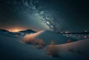 étoilé nuit dans le désert avec dunes, foncé nuit ciel avec étoiles. laiteux façon plus de le désert. scénique vue de désert contre ciel à nuit. ai généré photo