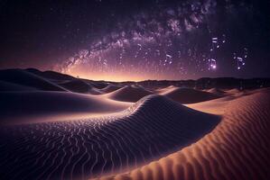 étoilé nuit dans le désert avec dunes, foncé nuit ciel avec étoiles. laiteux façon plus de le désert. scénique vue de désert contre ciel à nuit. ai généré photo