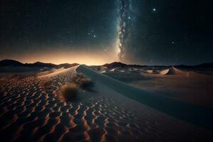 étoilé nuit dans le désert avec dunes, foncé nuit ciel avec étoiles. laiteux façon plus de le désert. scénique vue de désert contre ciel à nuit. ai généré photo