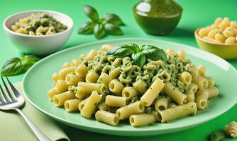 macaroni avec Pesto sauce dans assiette sur vert Contexte photo