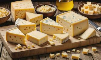 blocs de français et pièces emmental fromage sur en bois table photo