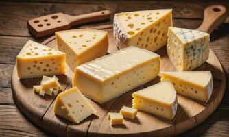 blocs de français et pièces emmental fromage sur en bois table photo