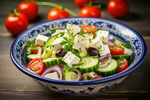 grec salade avec feta fromage et olive pétrole sur plaque. grec en bonne santé aliments. génératif ai photo