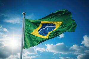 brésilien drapeau en volant sur une mât de drapeau. génératif ai photo