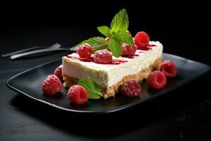 cheesecake avec framboises et menthe sur noir assiette photo