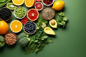 en bonne santé nourriture des légumes et fruit sur vert Contexte. génératif ai. photo