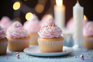 tasse Gâteaux sur pastel Couleur pièce pour Pâtisserie. génératif ai. photo