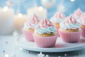 tasse Gâteaux sur pastel Couleur pièce pour Pâtisserie. génératif ai. photo