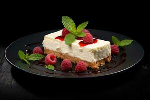 cheesecake avec framboises et menthe sur noir assiette photo