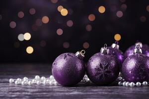 Noël décorations avec violet Noël des balles et endroit pour texte. ai génératif photo
