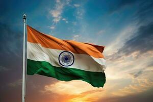 Indien drapeau agitant sur bleu ciel Contexte. ai génératif photo