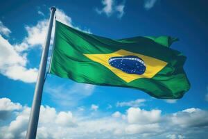brésilien drapeau en volant sur une mât de drapeau. génératif ai photo