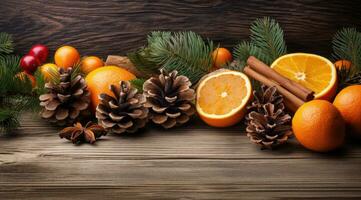 de fête Noël décorations de cannelle, pin cônes et des oranges sur une en bois tableau. ai génératif photo