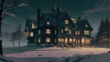 Manoir ou Château pendant hiver scène pour visuel roman anime manga Contexte fond d'écran photo