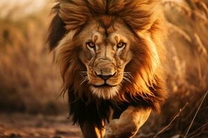 Lion sur le chasser dans le africain paysage. ai génératif photo