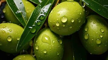 vert Olives avec gouttes de l'eau photo