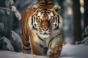 sibérien tigre dans une neigeux paysage. ai génératif photo