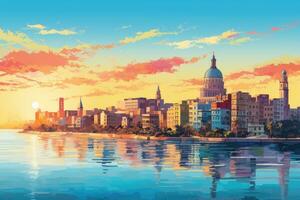 Chicago horizon à coucher de soleil, Etats-Unis. vecteur illustration dans aquarelle style, capitole bâtiment dans la havane Cuba, ai généré photo