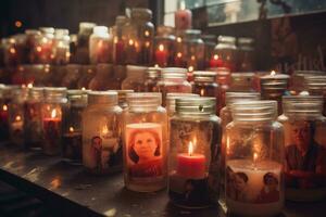 bougies dans le église de notre Dame de le chapelet dans lviv, Ukraine, groupe de allumé bougies, Mémoire de décédé personnes, ai généré photo