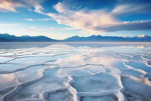 congelé Lac à coucher de soleil, ladakh, jammu et cachemire, Inde, génial sel Lac Utah incroyable Voyage image, ai généré photo