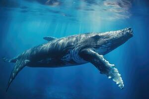 à bosse baleine dans Profond bleu océan. sous-marin scène, à bosse baleine nager sous-marin dans bleu l'eau. Marin vie, ai généré photo