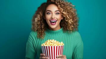 une image de de bonne humeur Jeune femme avec frisé cheveux en mangeant pop corn isolé sur vert Contexte génératif ai photo