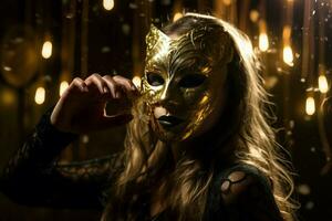 femme dans d'or masque dansant faire la fête. produire ai photo
