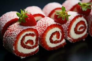 fruité gâteau rouleau des fraises. produire ai photo