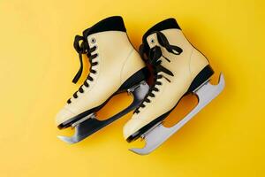 figure la glace patins sur Jaune Contexte. produire ai photo