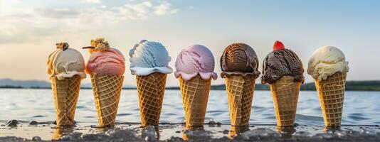 bannière avec la glace crème dans une gaufre cône sur une été journée. génératif ai photo