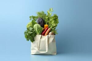 épicerie plein sac. blanc achats sac avec des légumes dans lumière bleu Contexte. génératif ai photo