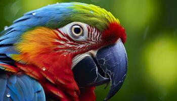 tropical ara perché, vibrant plumes dans se concentrer. génératif ai photo