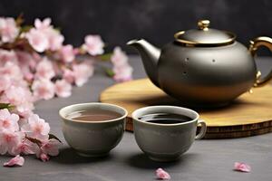 traditionnel cérémonie. tasses de brassée thé, théière et Sakura fleurs sur gris tableau. génératif ai photo