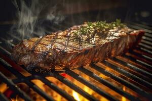 Viande grillage sur une charbon gril avec fumée en hausse. ai généré photo