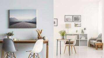 une chaise à en bois table dans blanc ouvert espace intérieur avec affiche sur le mur et brillant chambre à coucher. génératif ai photo