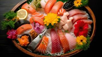 une sashimi plat de brut poisson plaisir. génératif ai photo